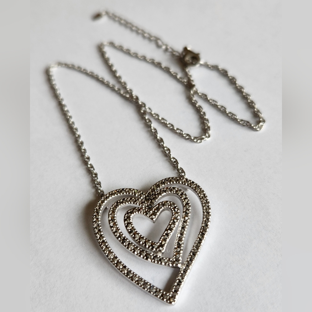 Sterling Silver and Marcasite Hearts Necklace